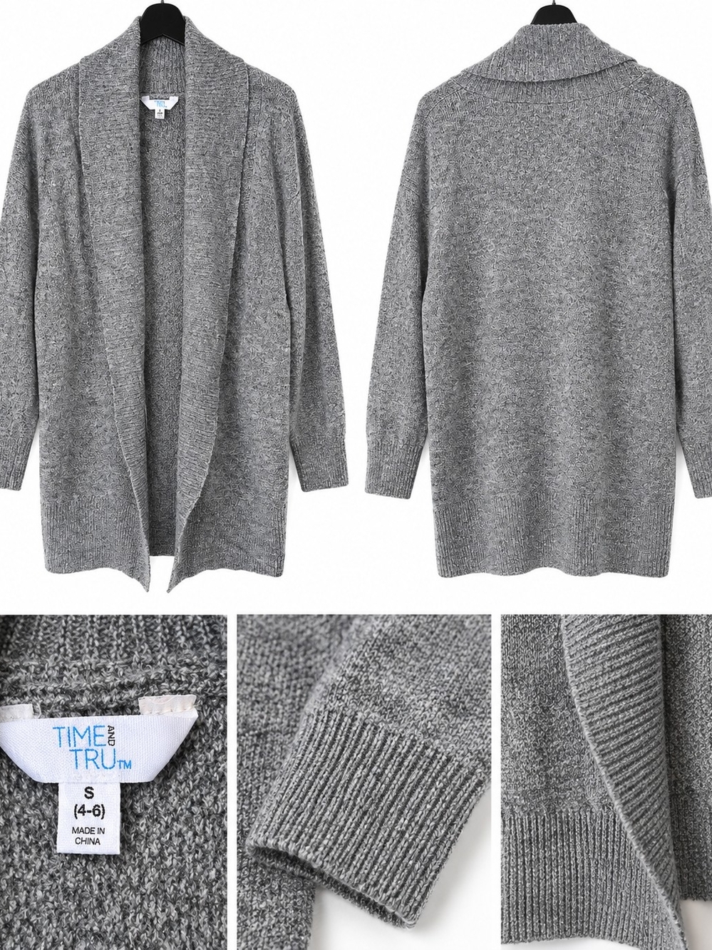 Time and Tru Gray Open-Front Shawl Collar Cardigan Sweater